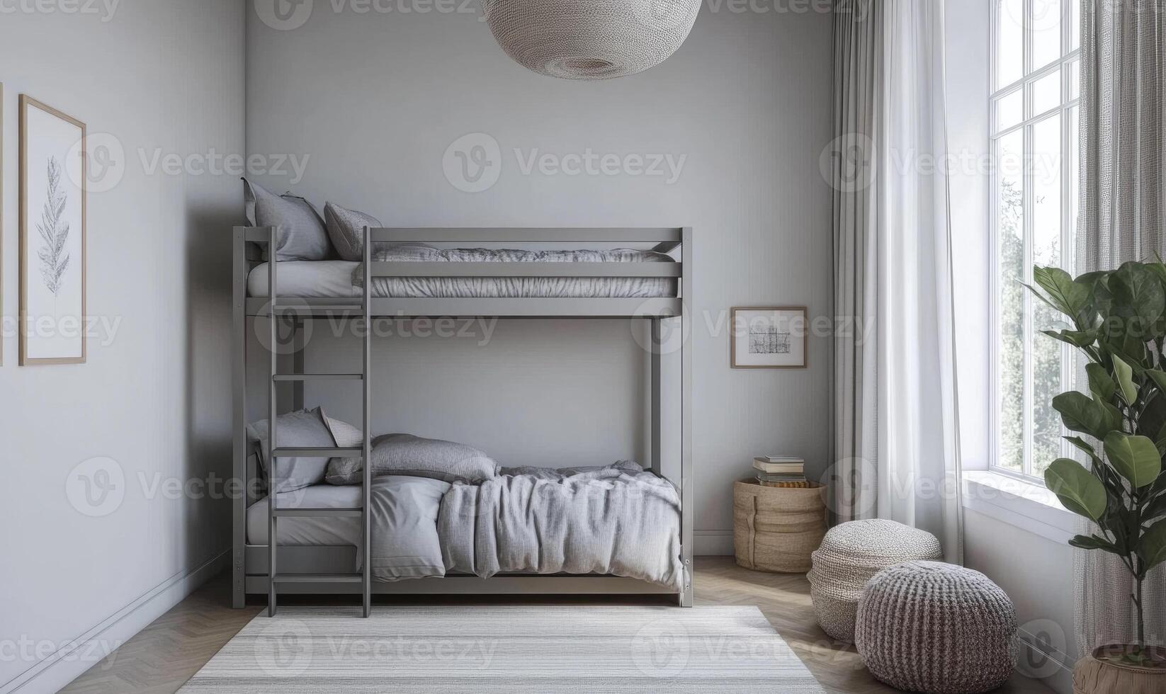 A bedroom with a bunk bed and a white curtain photo