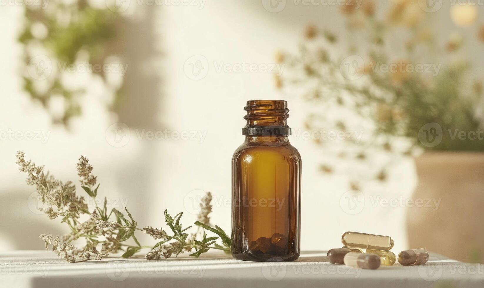 A bottle of medicine is on a table next to some pills photo
