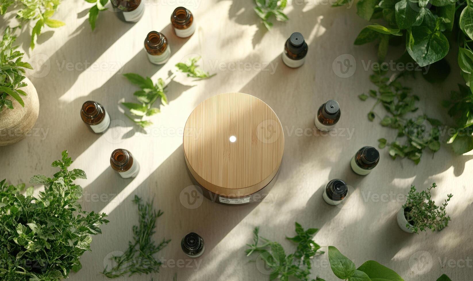 A small round wooden diffuser with a light on top photo