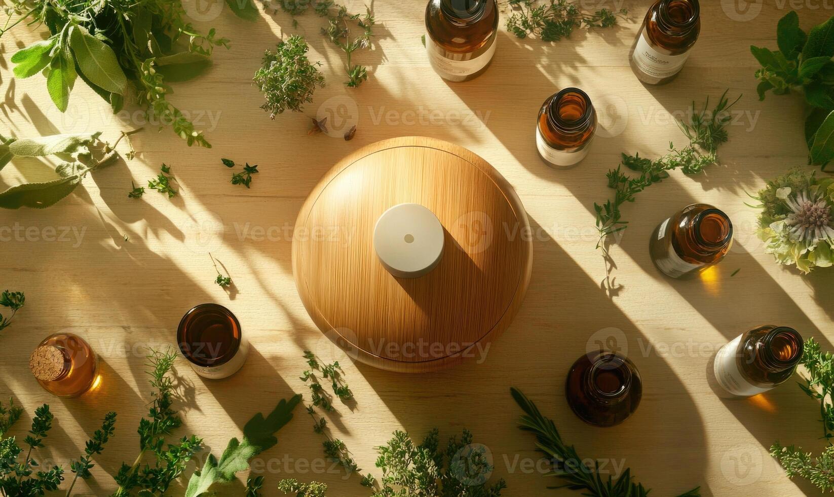 A diffuser sits on a table with several bottles of essential oils photo