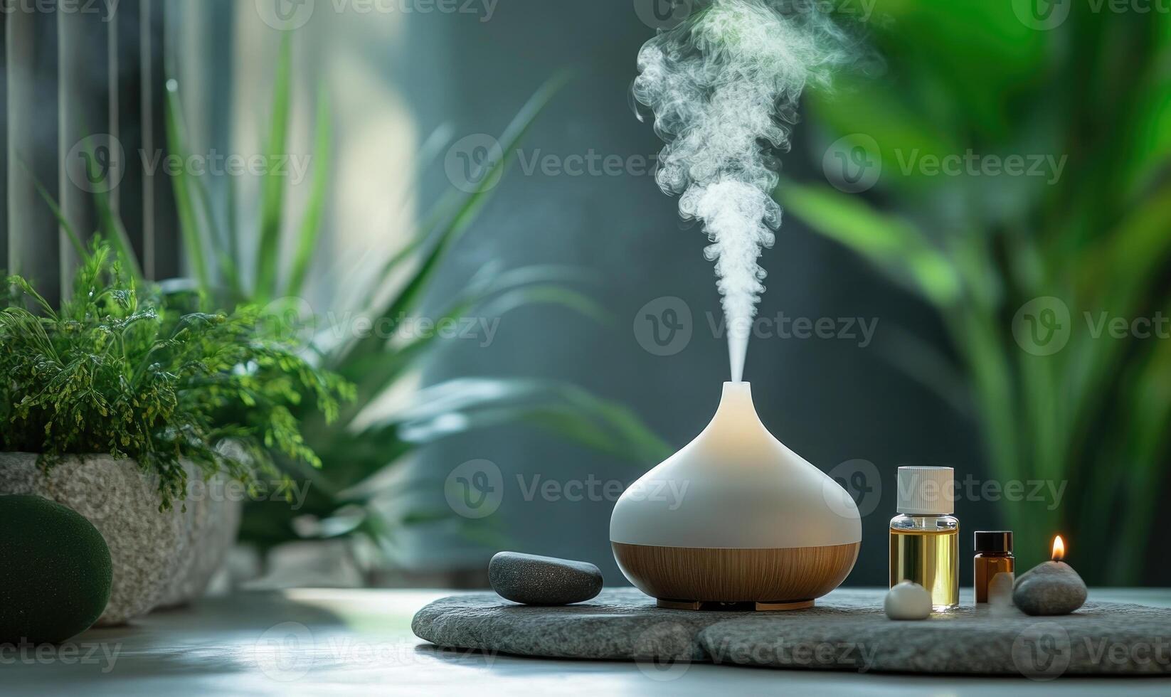 A white vase with a white lid sits on a stone surface photo