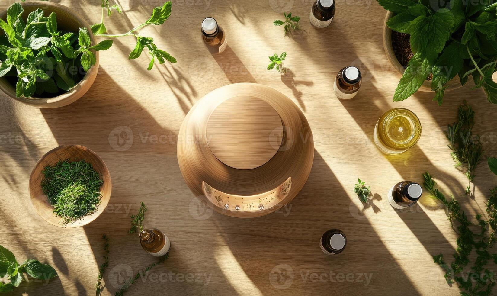 A table with a variety of herbs and spices, including basil, parsley, and mint photo