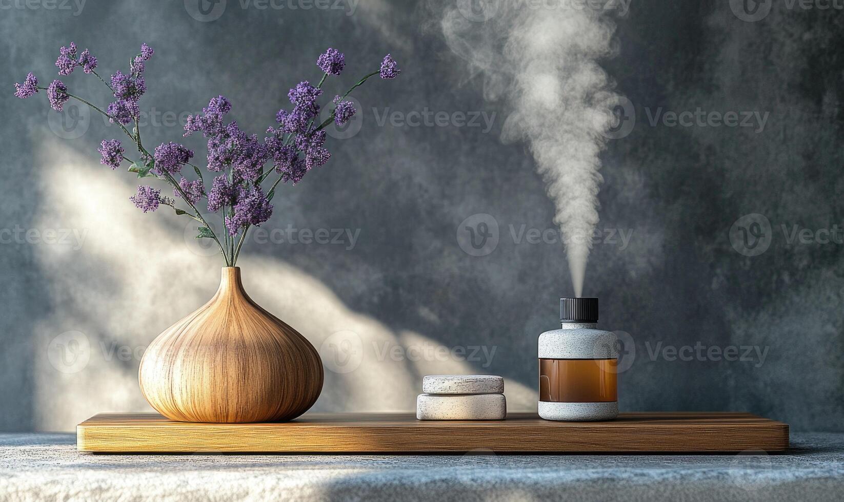 A vase with purple flowers sits on a wooden table photo