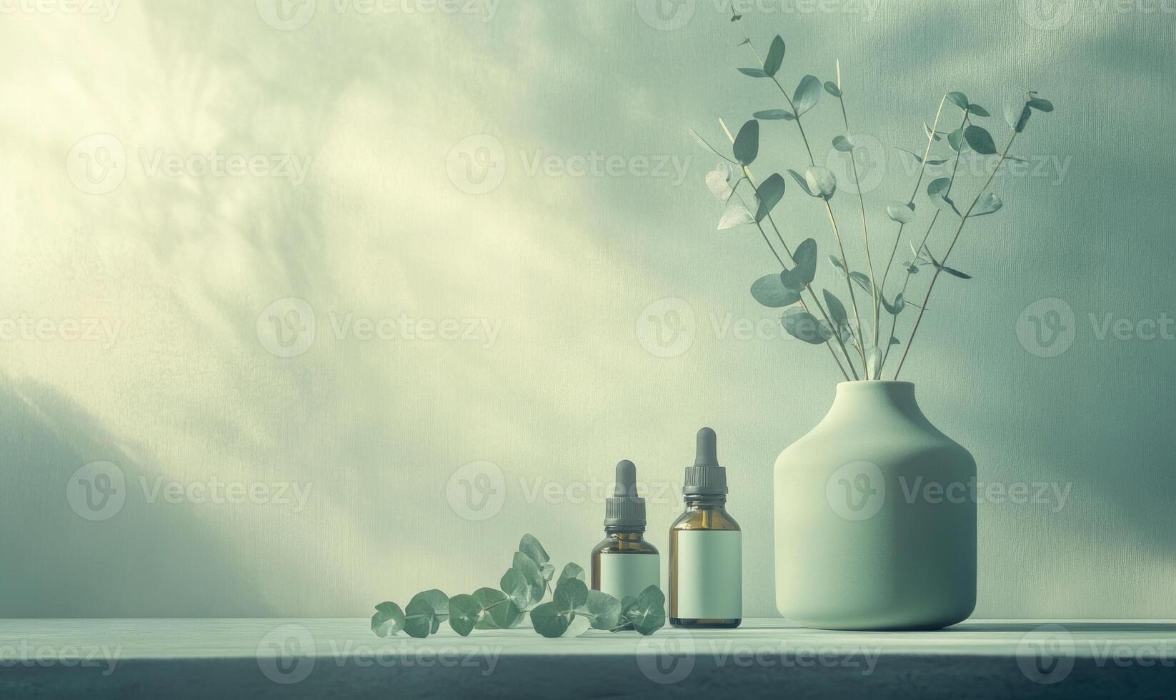Two bottles of perfume are on a table next to a vase with a green plant in it photo
