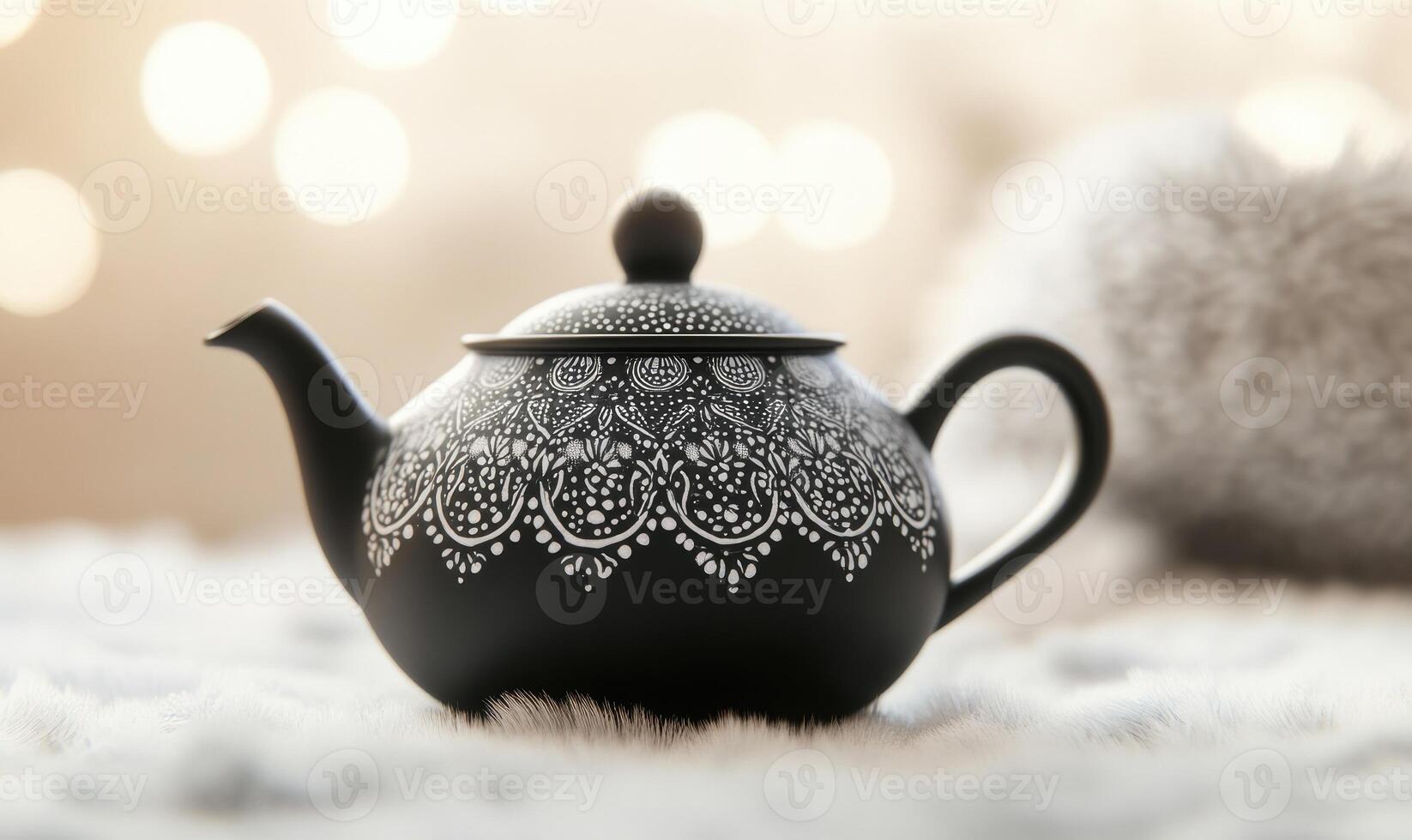 a black teapot with a white design on it photo