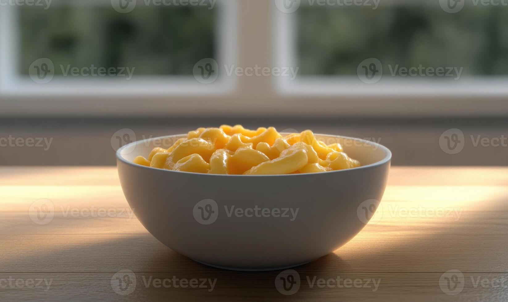 a bowl of macaroni and cheese sitting on a table photo