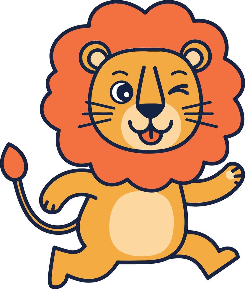 Cheerful cartoon lion character with an orange mane in playful, flat illustration vector