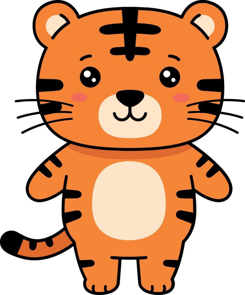 Cute cartoon tiger character with an orange and black striped design in a flat illustration vector