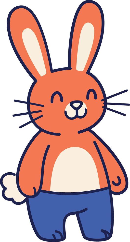 Cute orange bunny character with blue pants in a playful and cheerful flat illustration vector