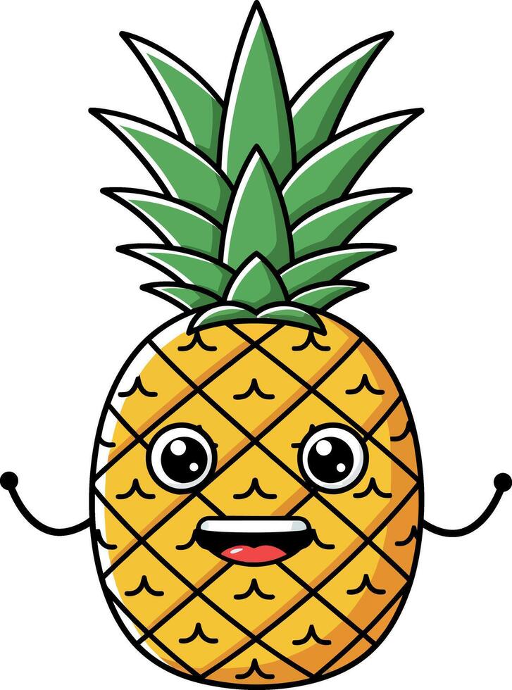 Happy cartoon pineapple character with smiling face and arms in flat illustration vector