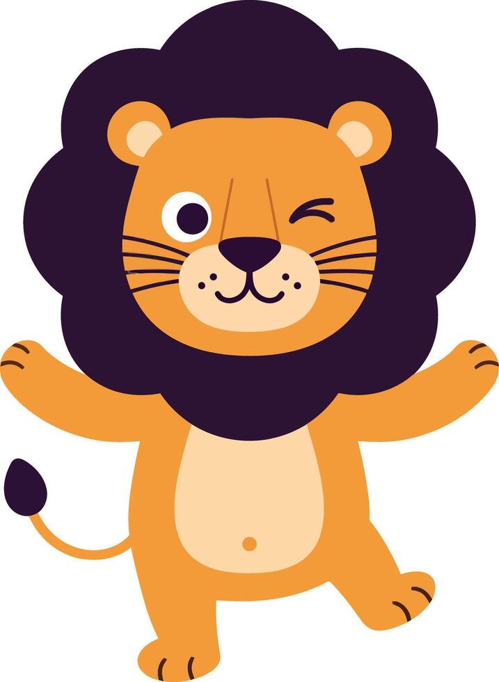 Cute lion character with a playful expression in flat art style showcasing vibrant colors and cheerful demeanor in a whimsical setting illustration vector