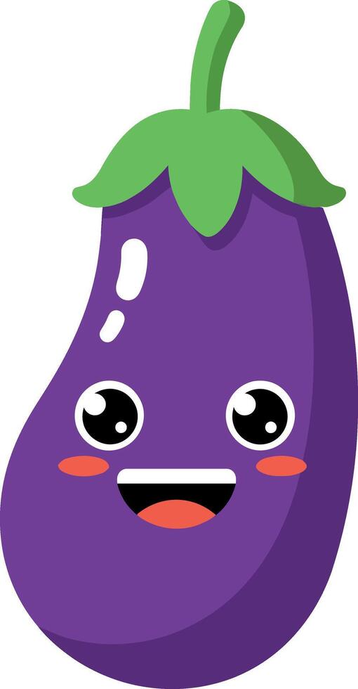 Happy cartoon eggplant character with smiling face in flat art style for food illustration vector