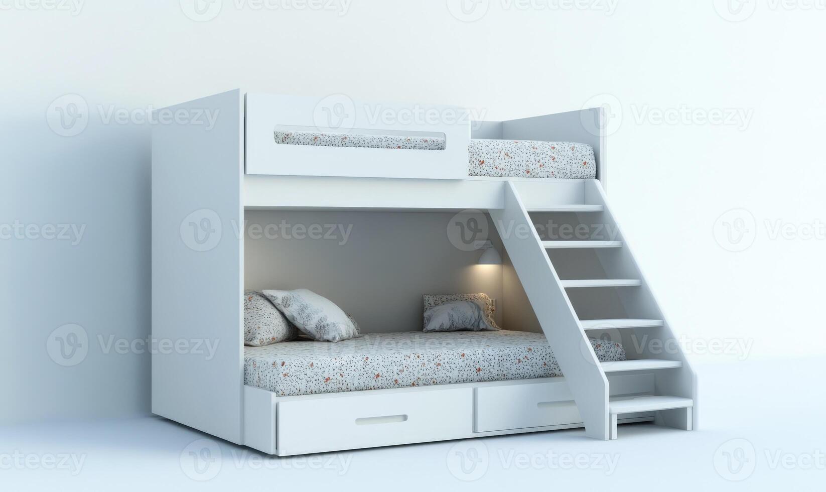 A white bunk bed with a ladder and a white bedspread photo