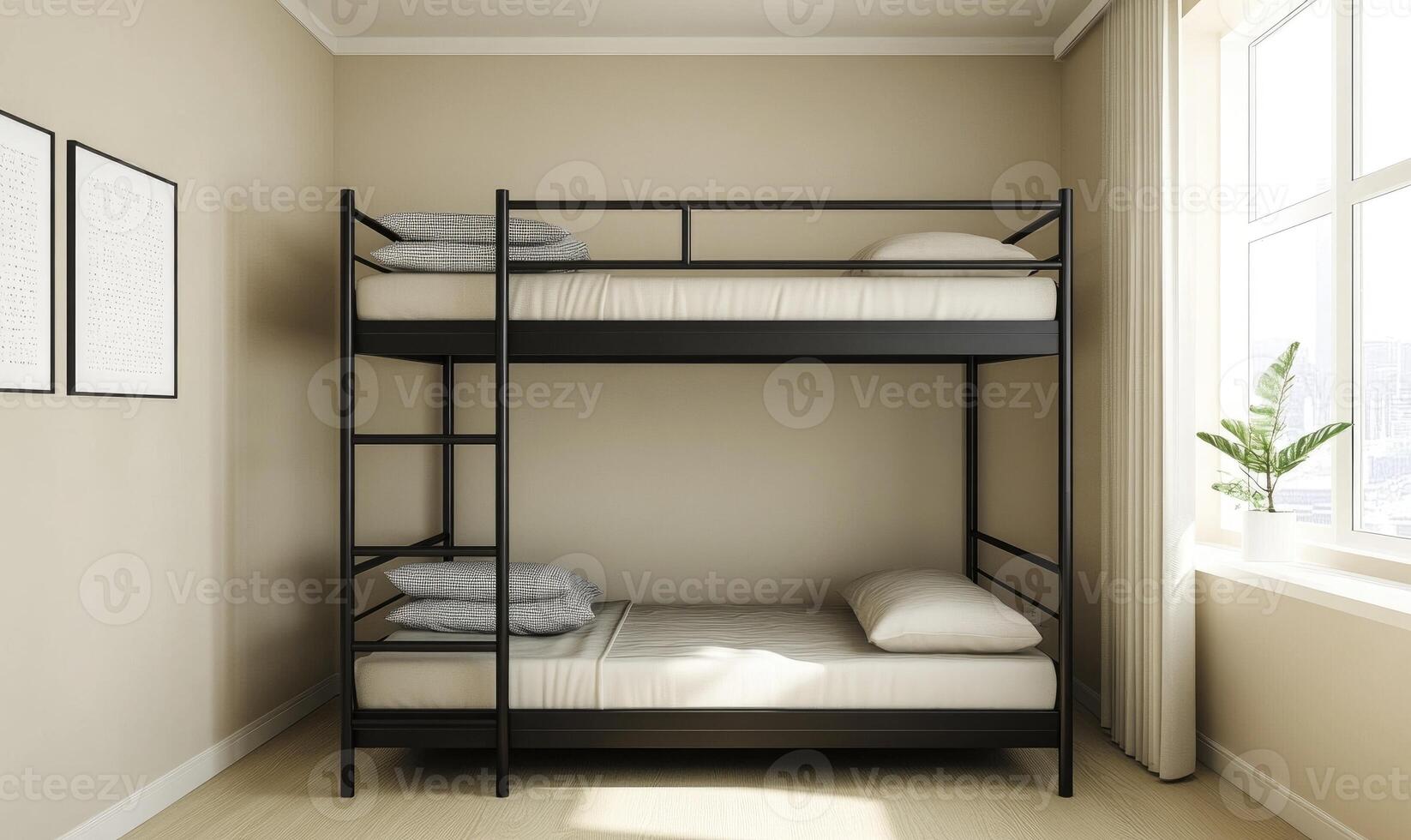 a small bedroom with a bunk bed and a window photo