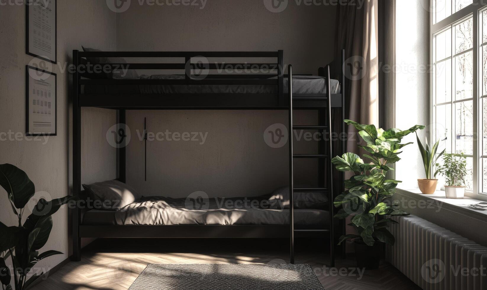A black bunk bed with a ladder and a plant in front of it photo