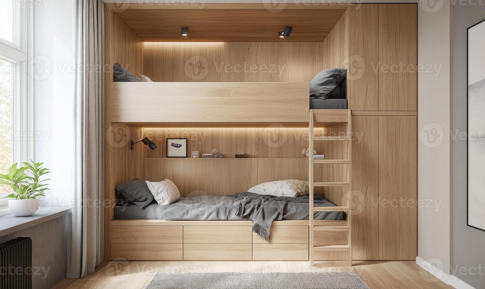 A bunk bed with a ladder and a shelf underneath photo