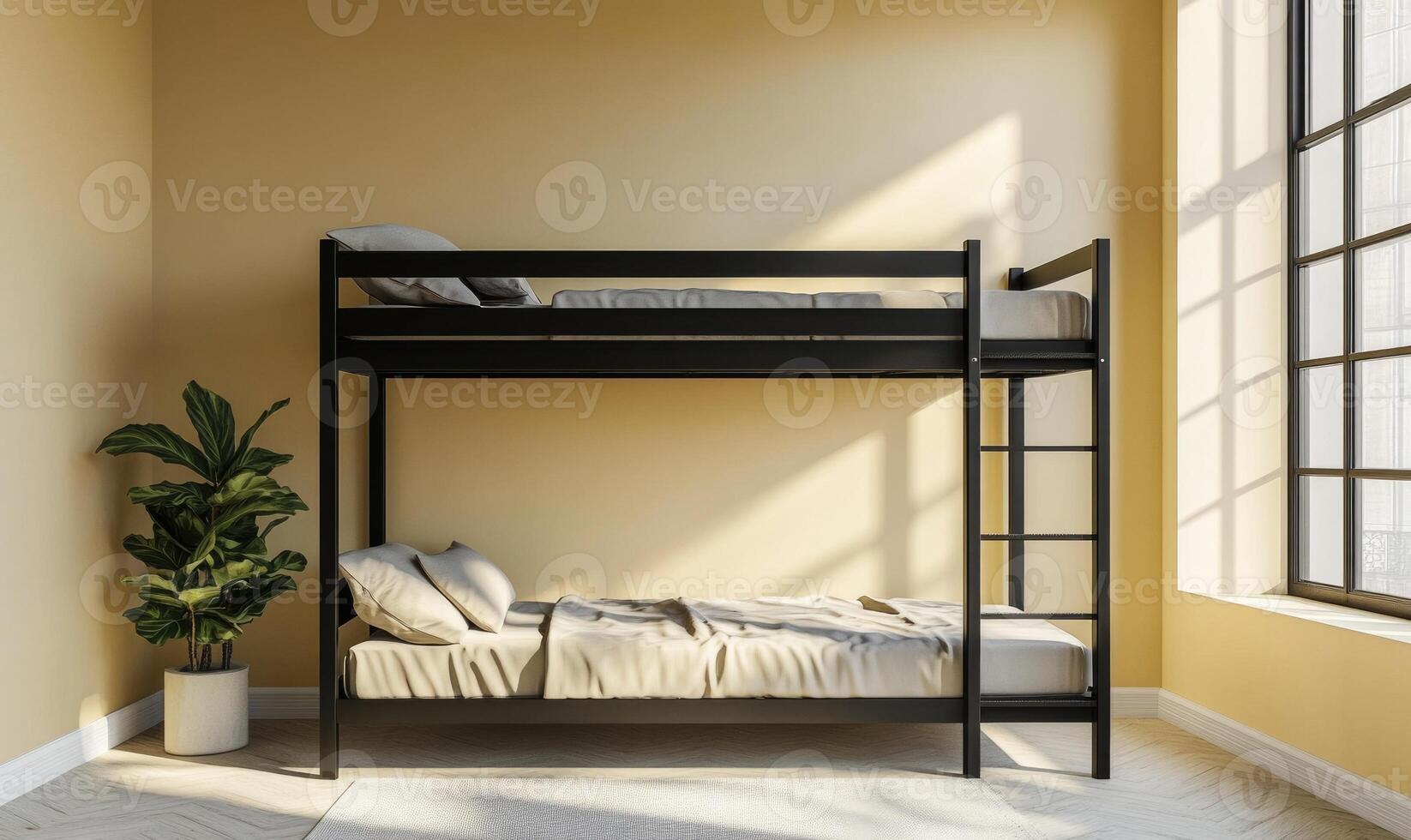 a bunk bed in a room with a window photo