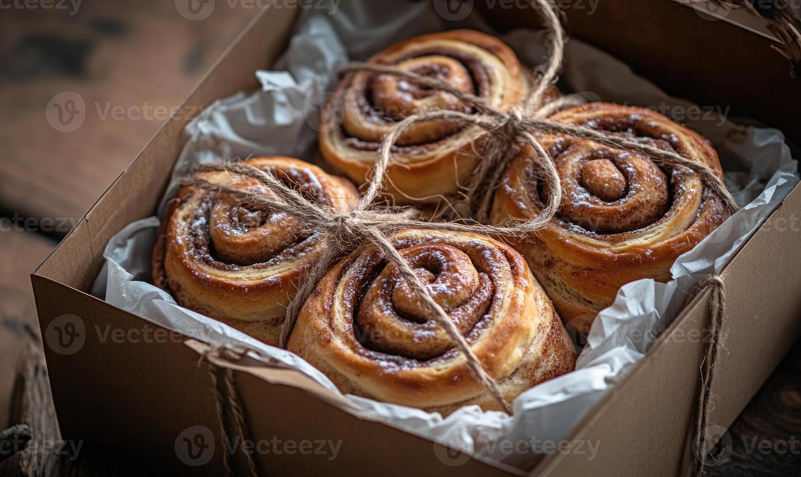 A box of cinnamon rolls with a brown string tied around them photo