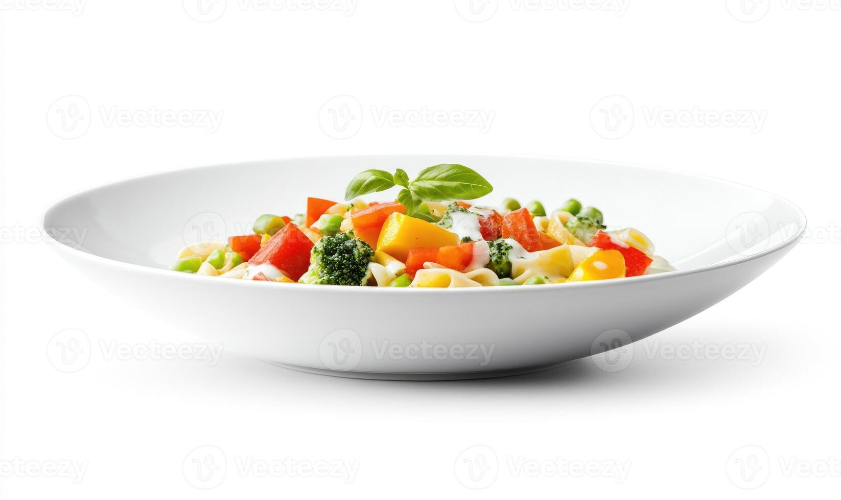 A white plate with a variety of vegetables including broccoli, carrots, and peas photo