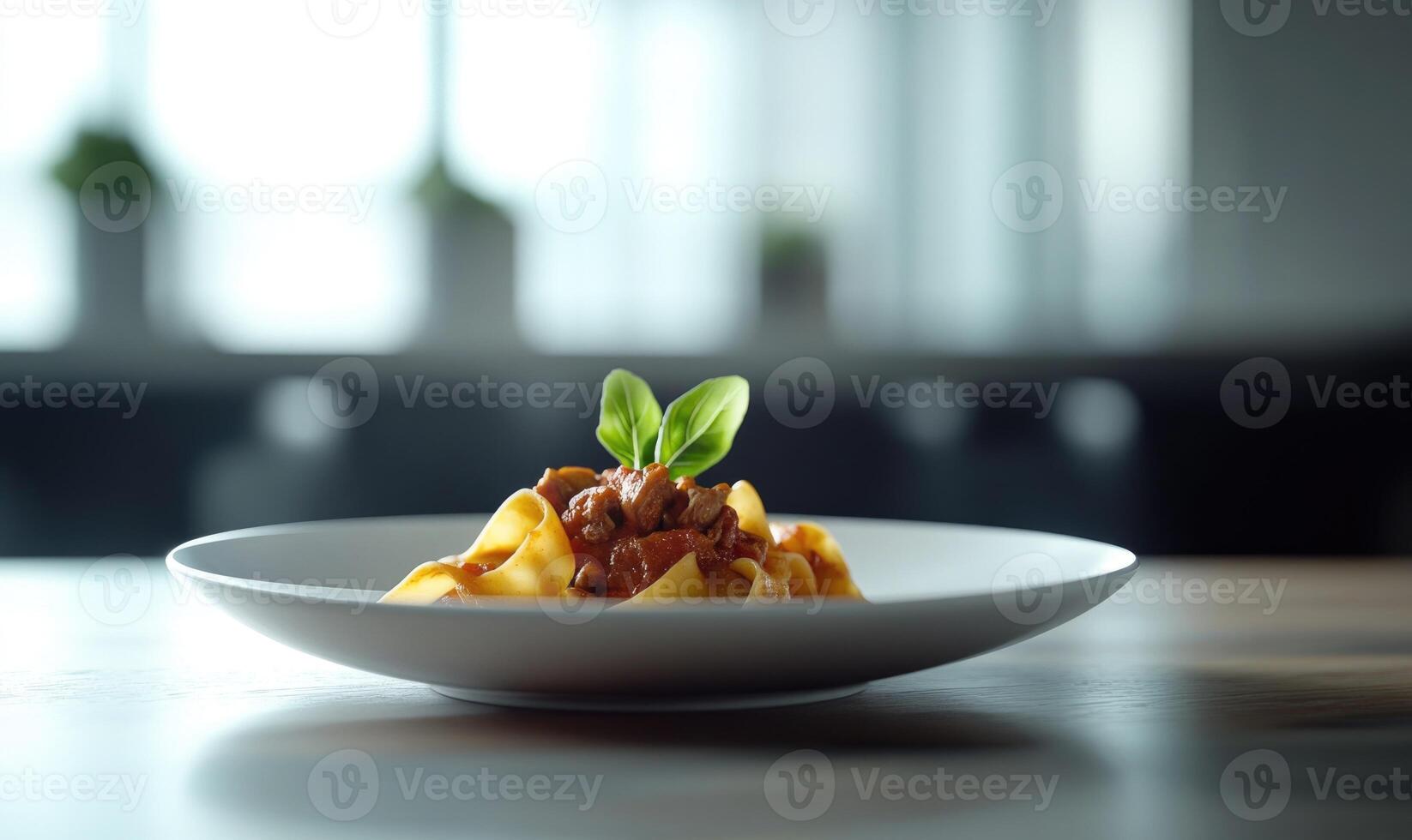 A plate of spaghetti with meat sauce and a leaf of basil on top photo