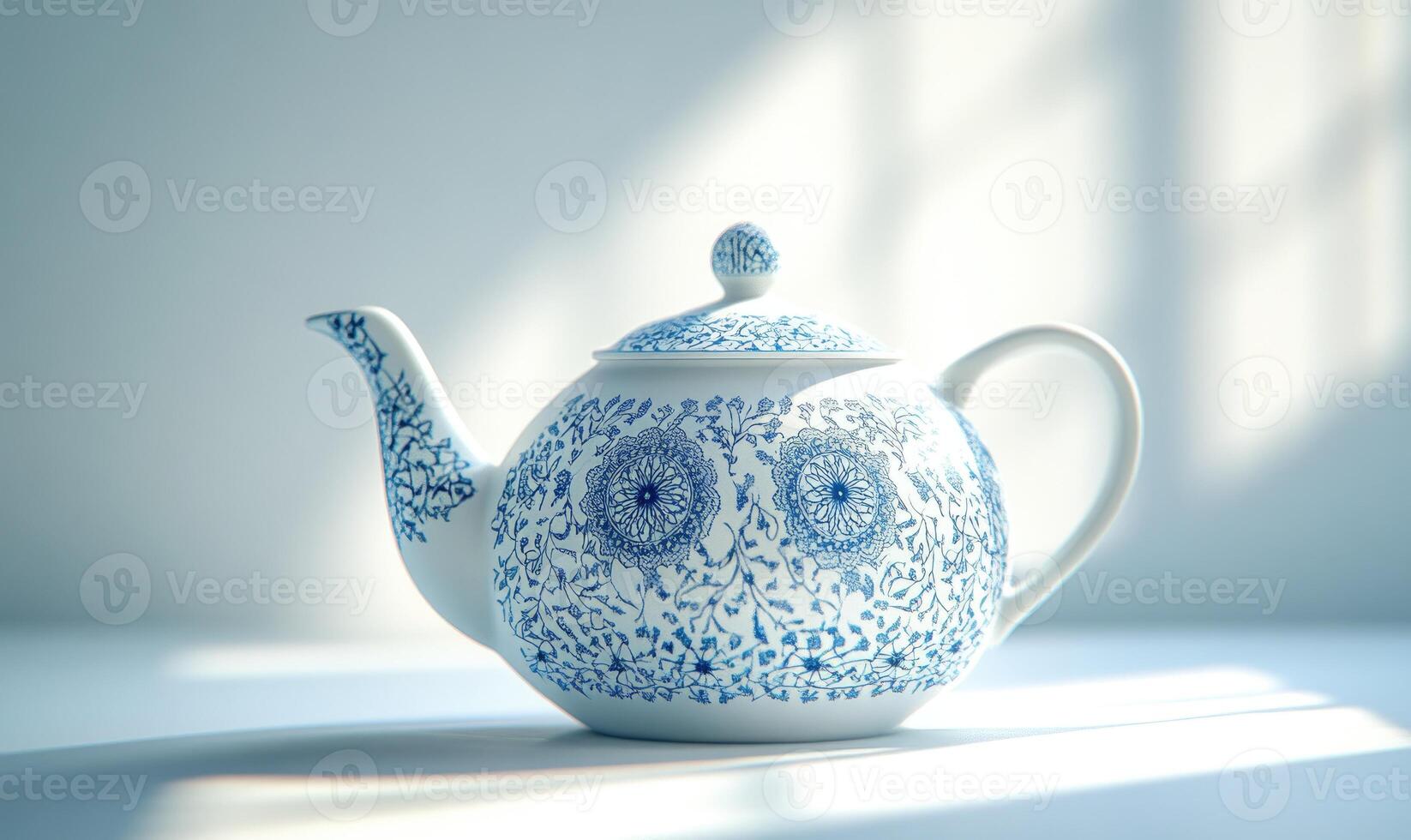 A blue and white tea pot sits on a table photo