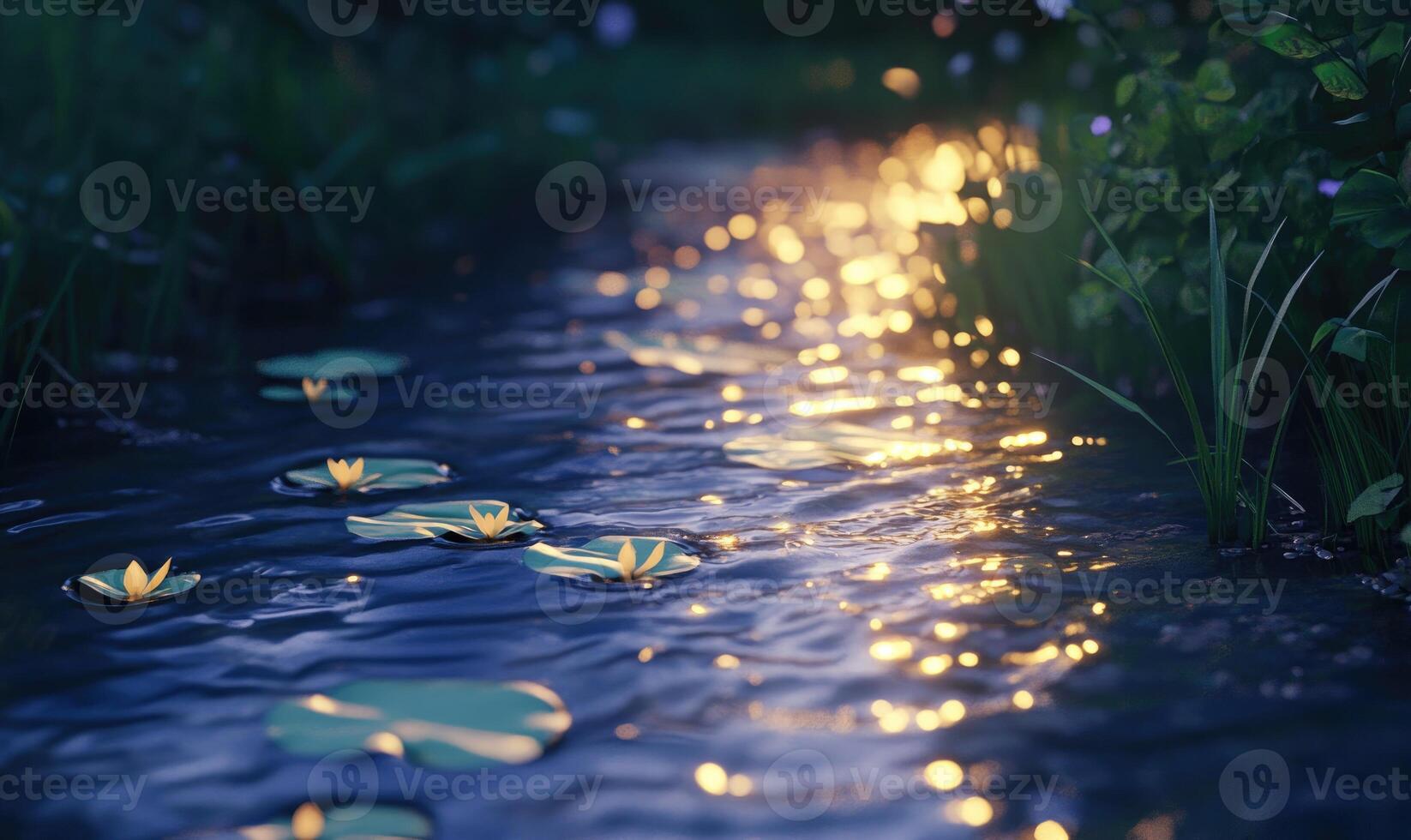 A stream of water with a few lilies floating on it photo
