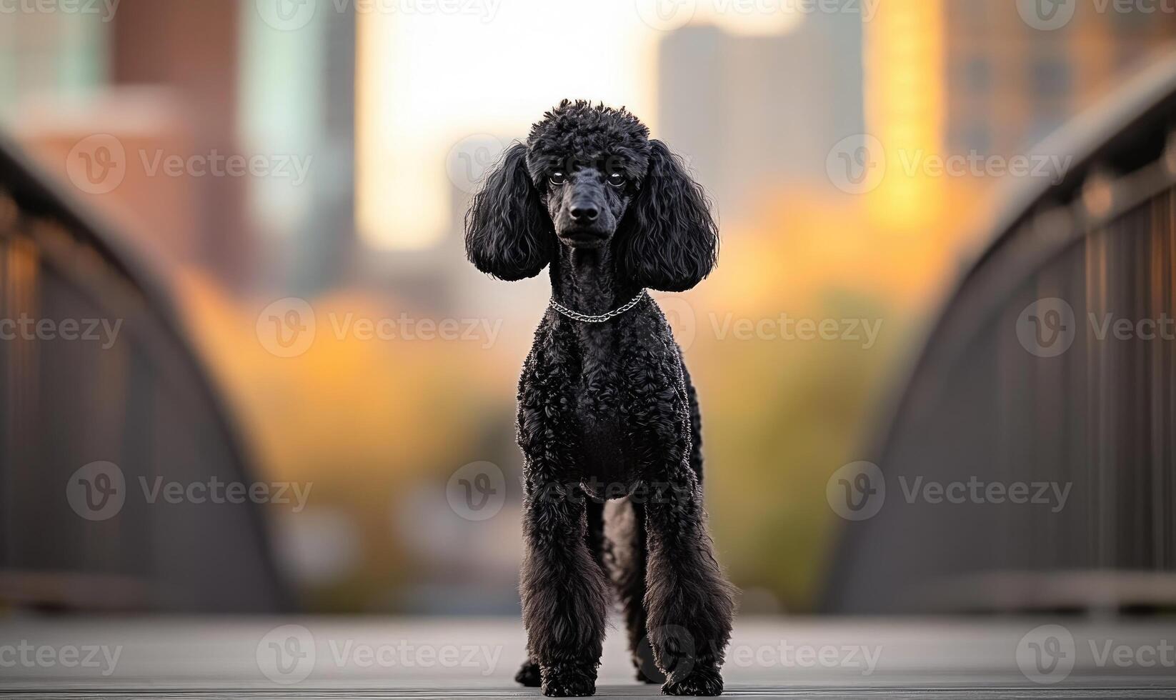 a black poodle standing on a bridge in front of a city photo