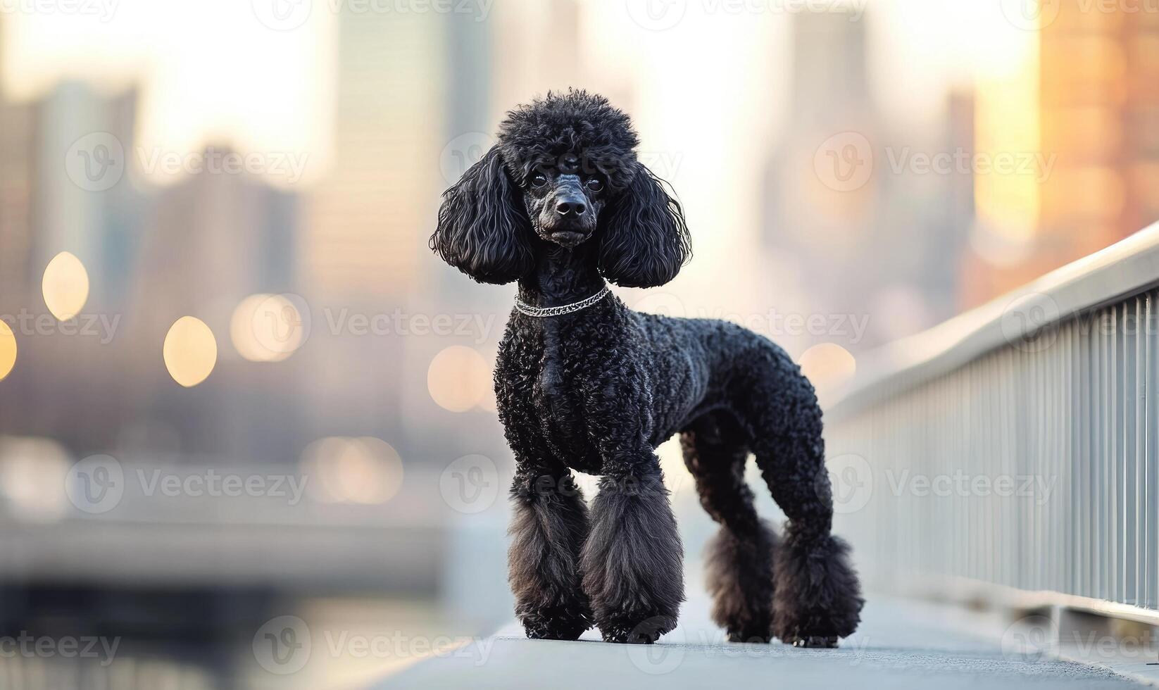 a black poodle standing on a bridge with city buildings in the background photo