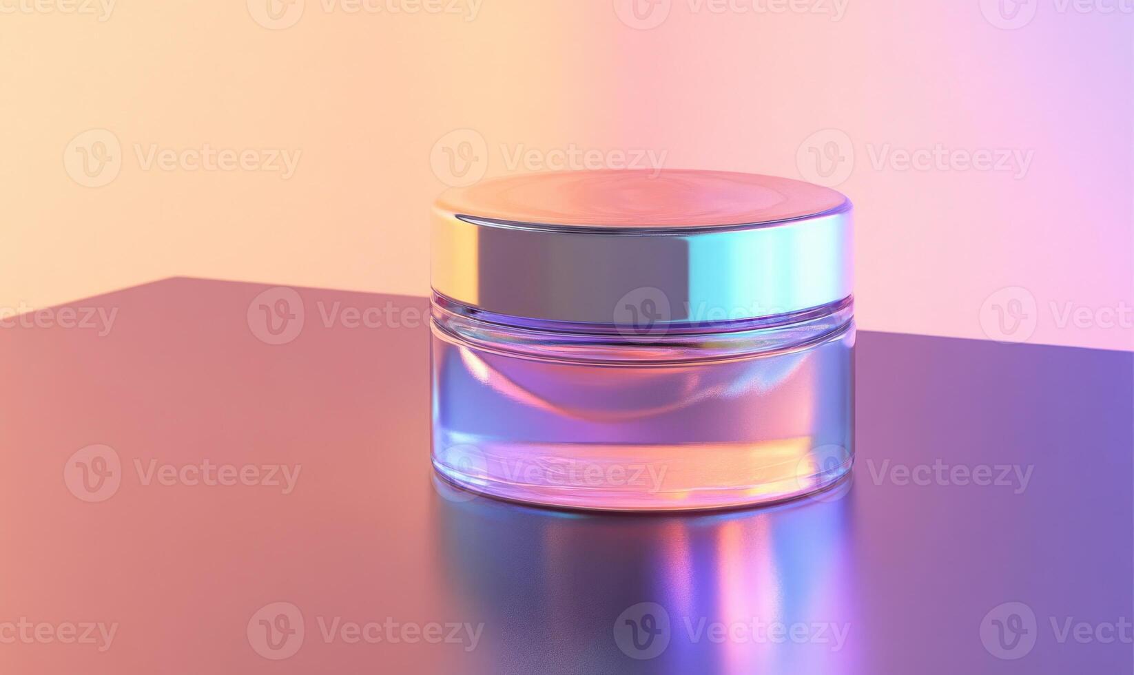 a jar of liquid on a table with a rainbow background photo