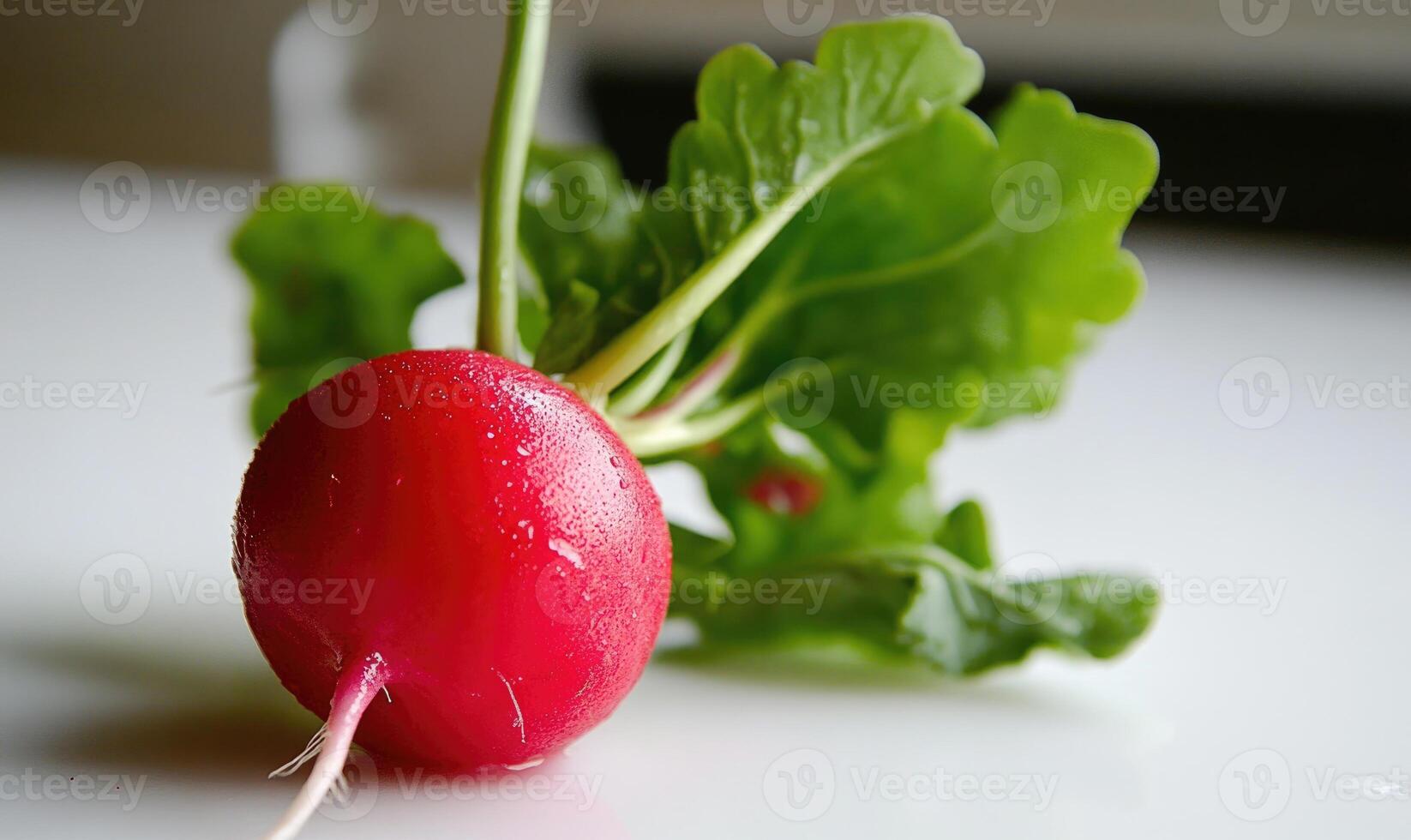 a radish on a white surface with leaves photo