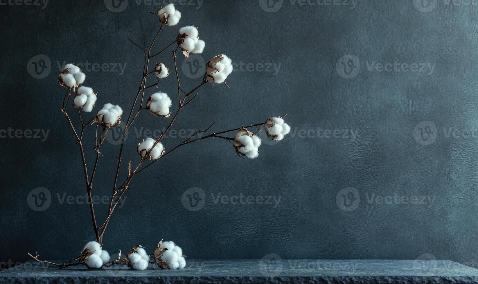 A branch of cotton flowers is on a table photo