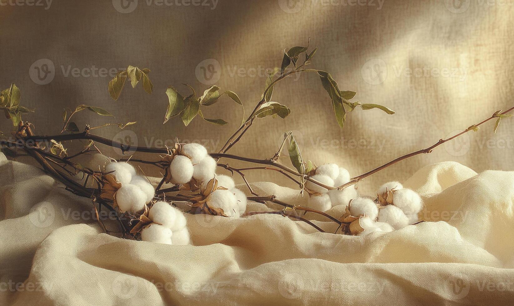 A bunch of cotton balls are on a white cloth photo