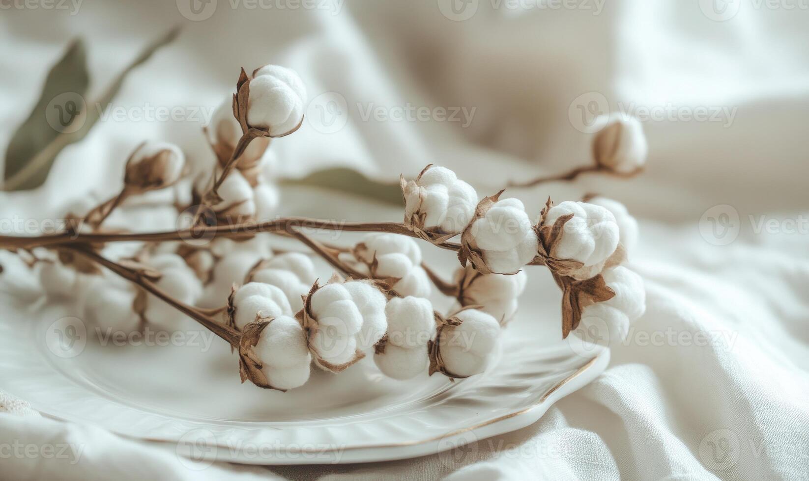 A white plate with a bunch of white cotton flowers on it photo