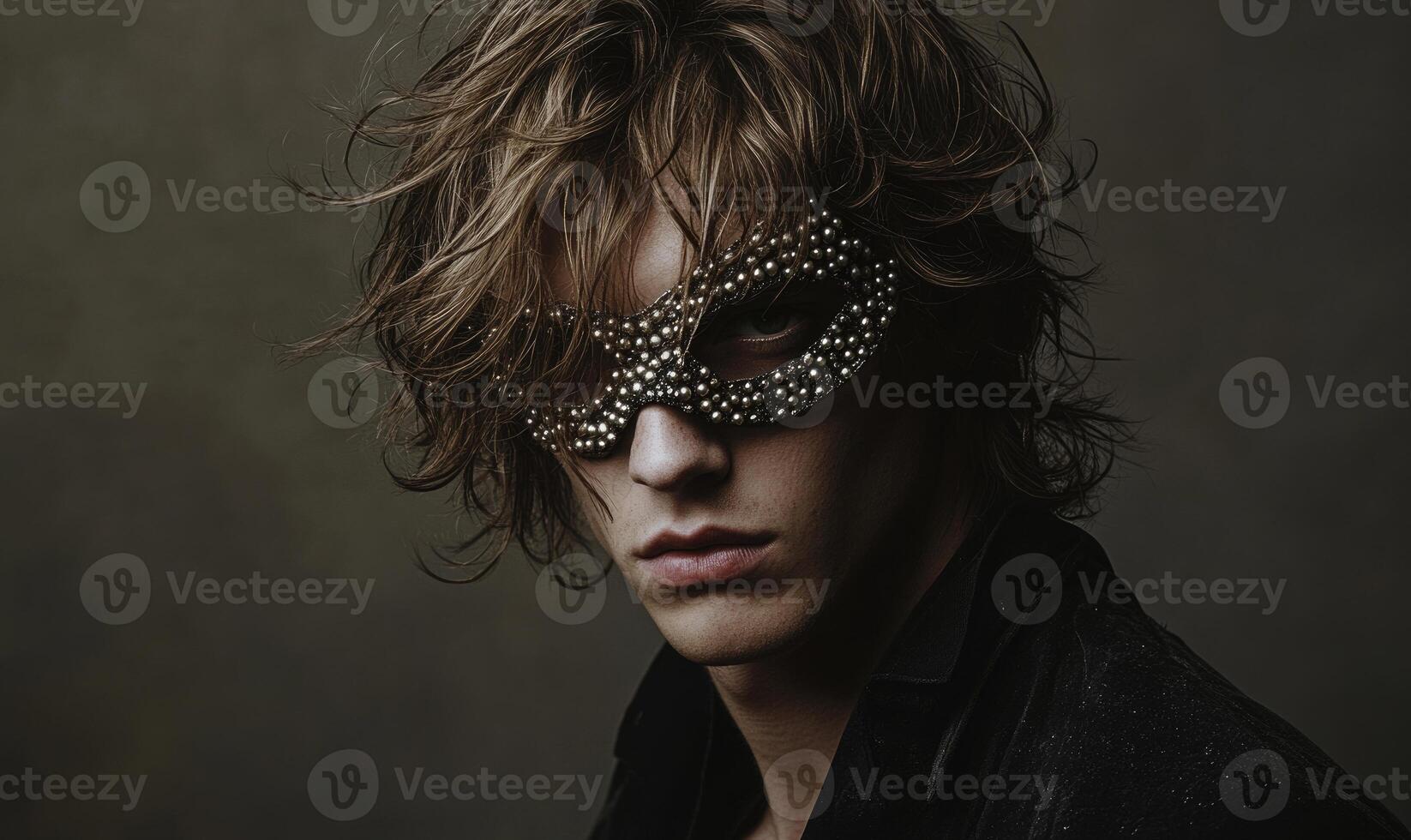 A man wearing a mask with beads on it photo
