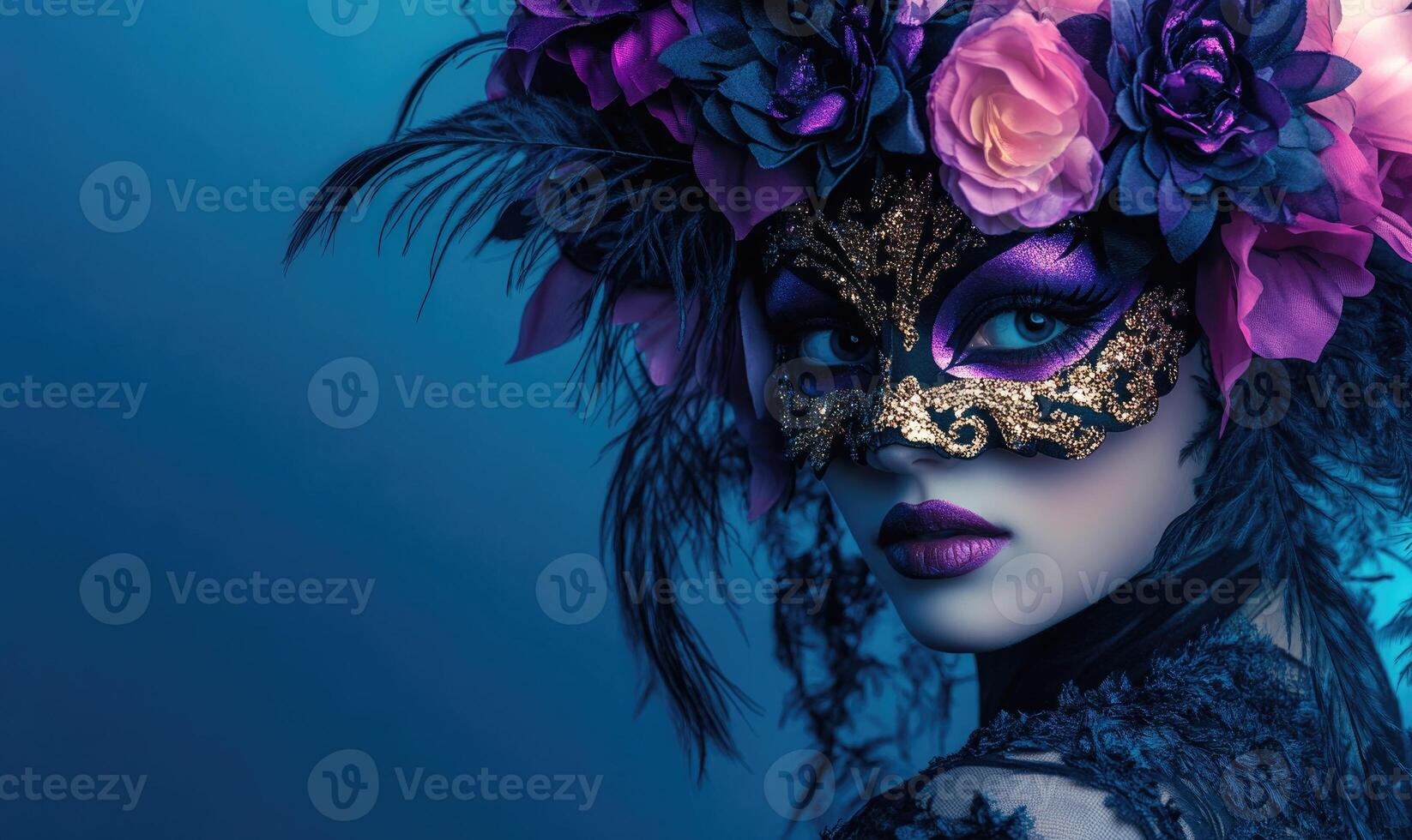 A woman wearing a mask with feathers and flowers on it photo