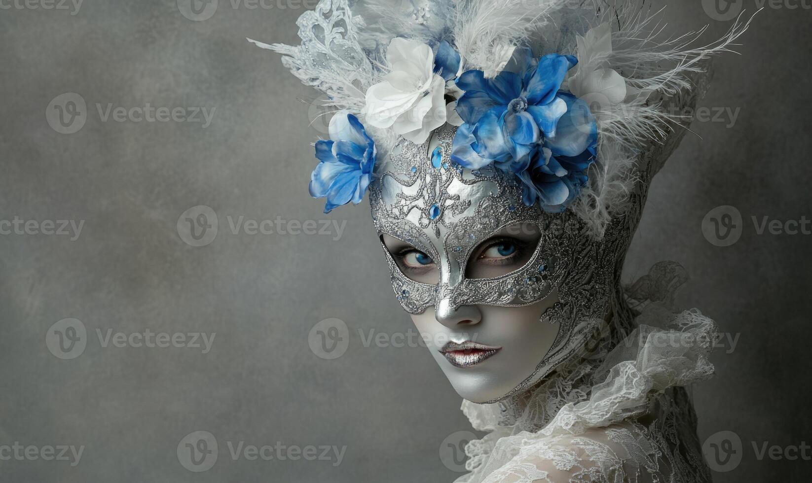 A woman wearing a mask and a blue flower headpiece photo