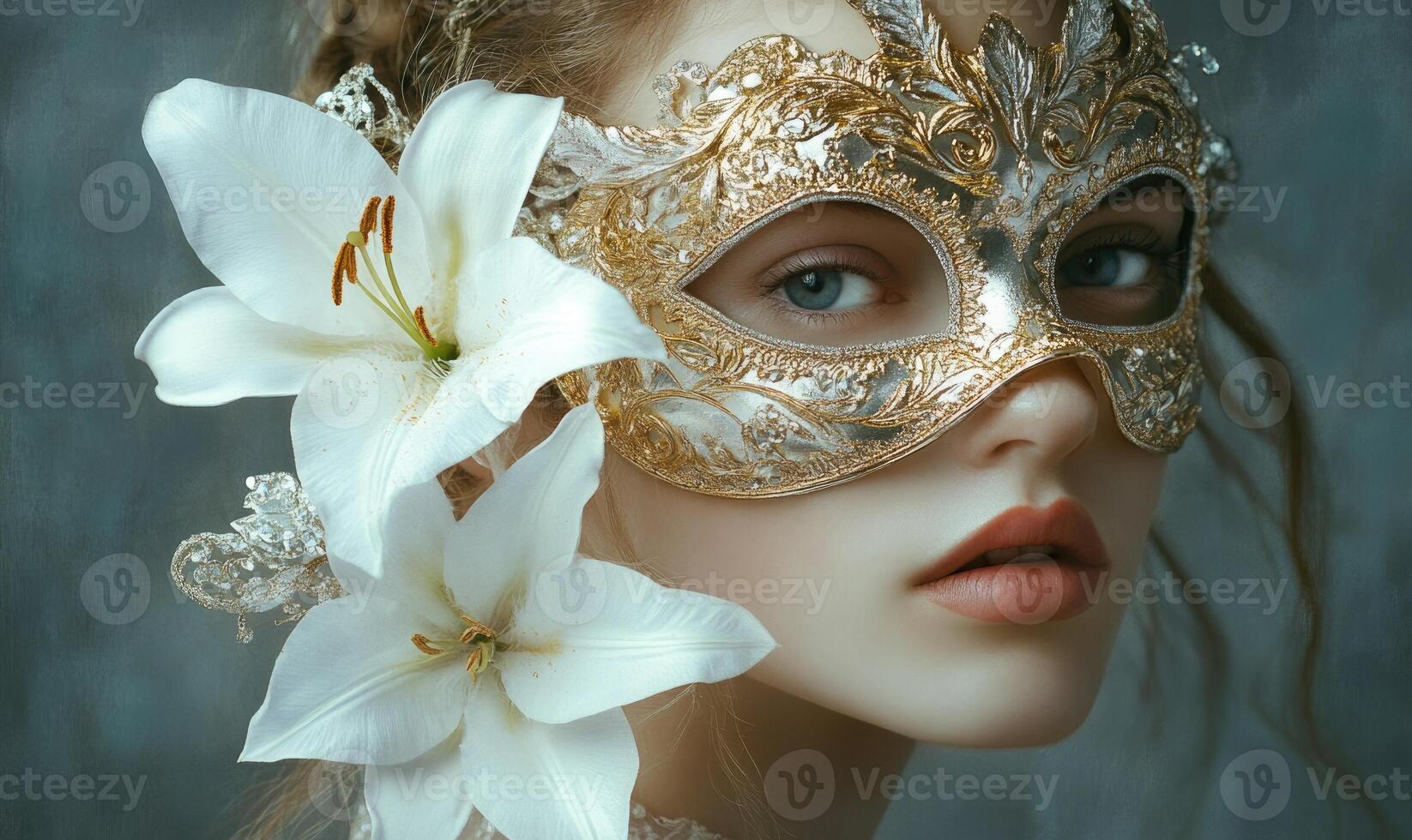 A woman wearing a gold mask with a white flower on it photo