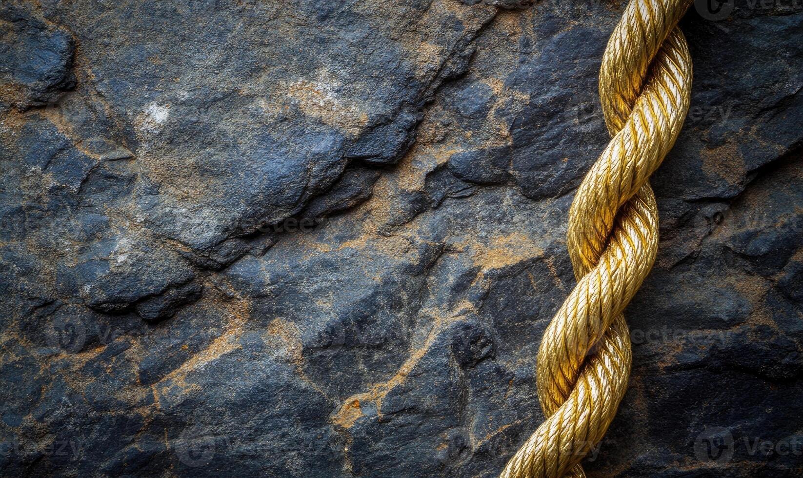 A gold rope is tied to a rock photo