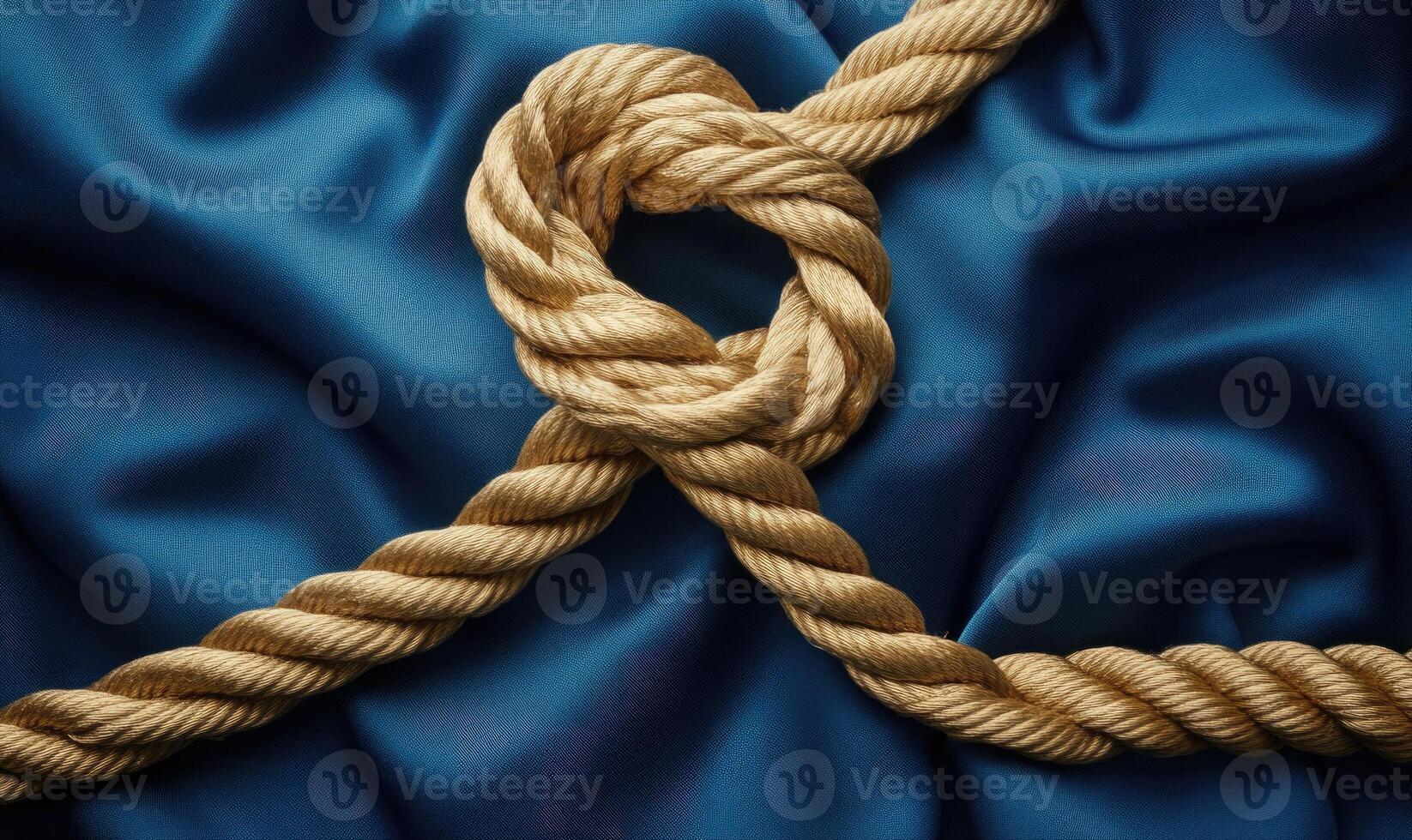 A rope is tied in a knot on a blue cloth photo