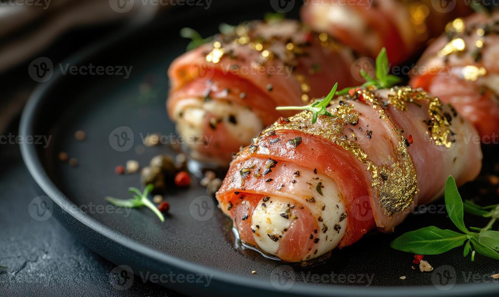 A plate of bacon wrapped meat with parsley on top photo