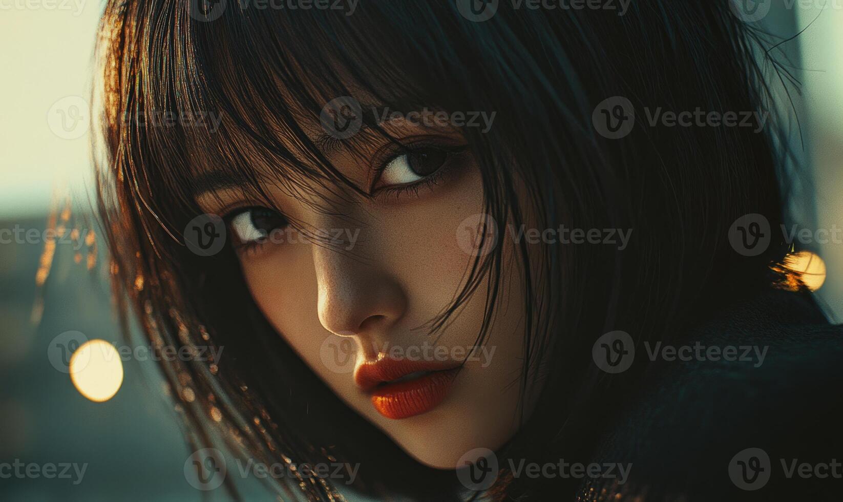 A woman with short hair and red lipstick photo