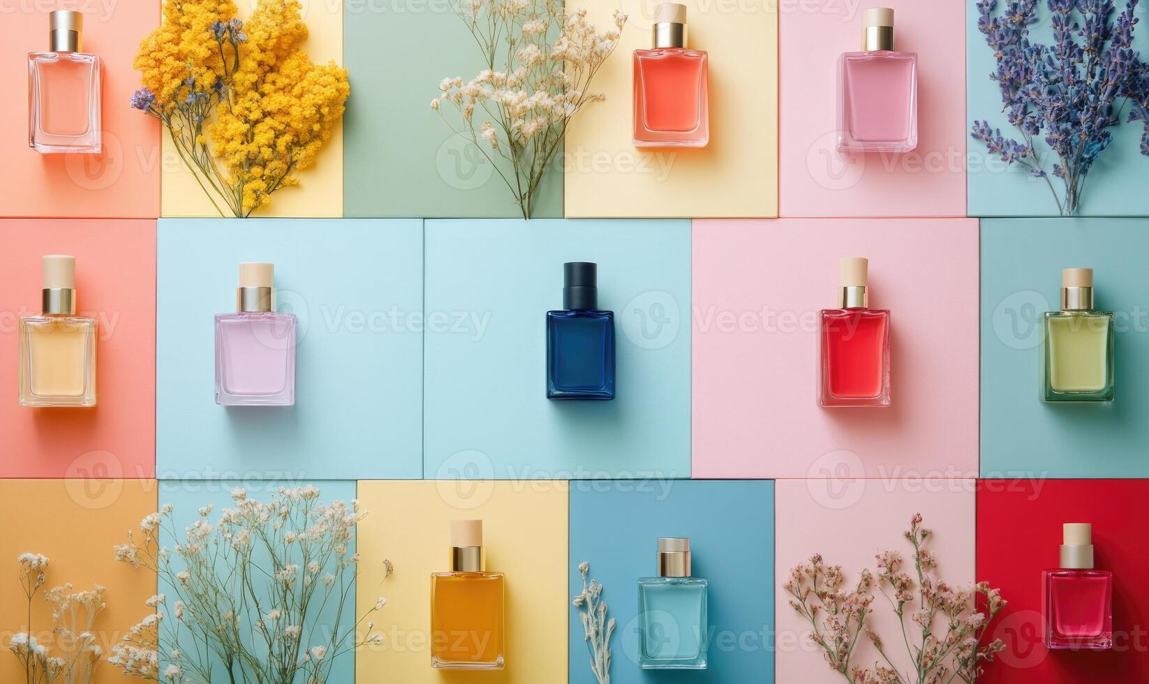 A row of perfume bottles are displayed on a table photo