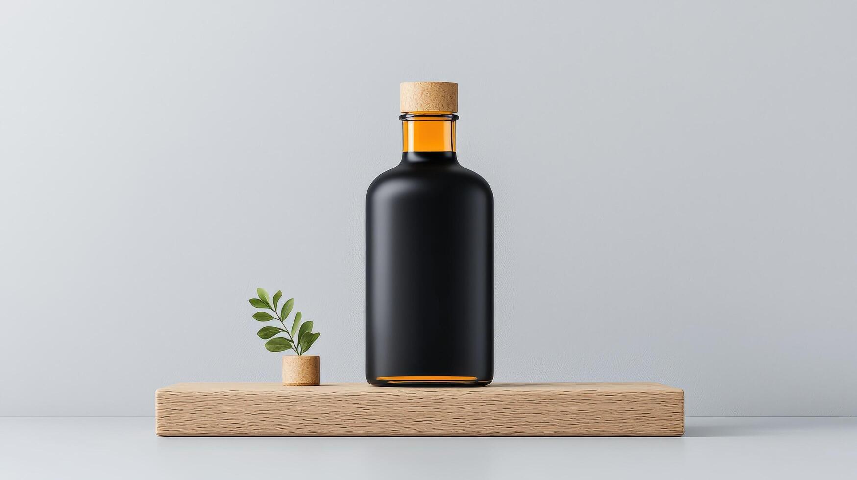 A bottle of liquid is on a wooden shelf photo