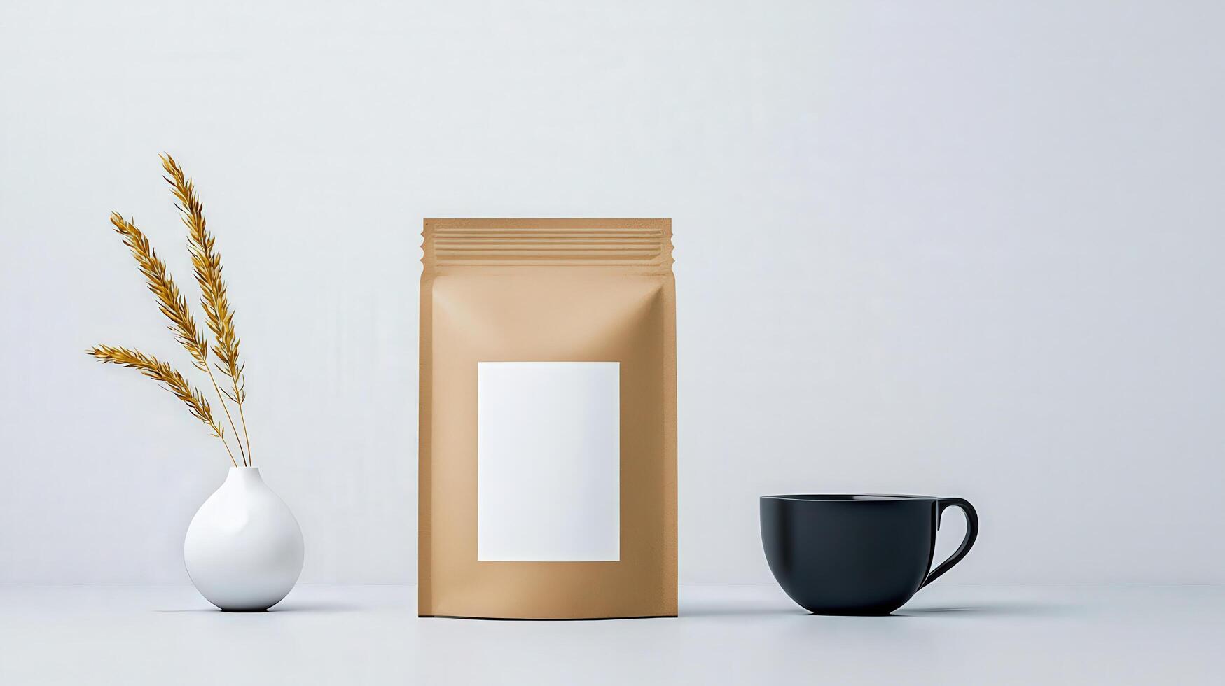 A white coffee cup sits on a table next to a brown bag and a vase of wheat photo