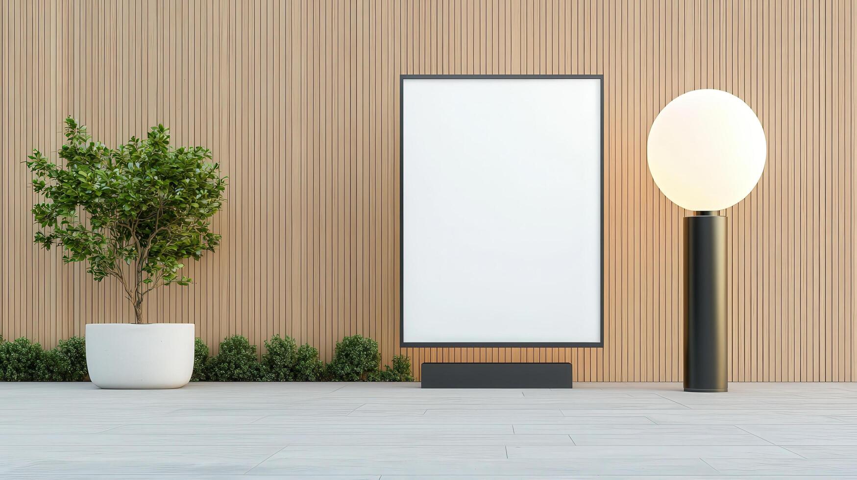 A White Sign on a Wooden Wall Next to a Potted Plant Minimalist Elegance photo