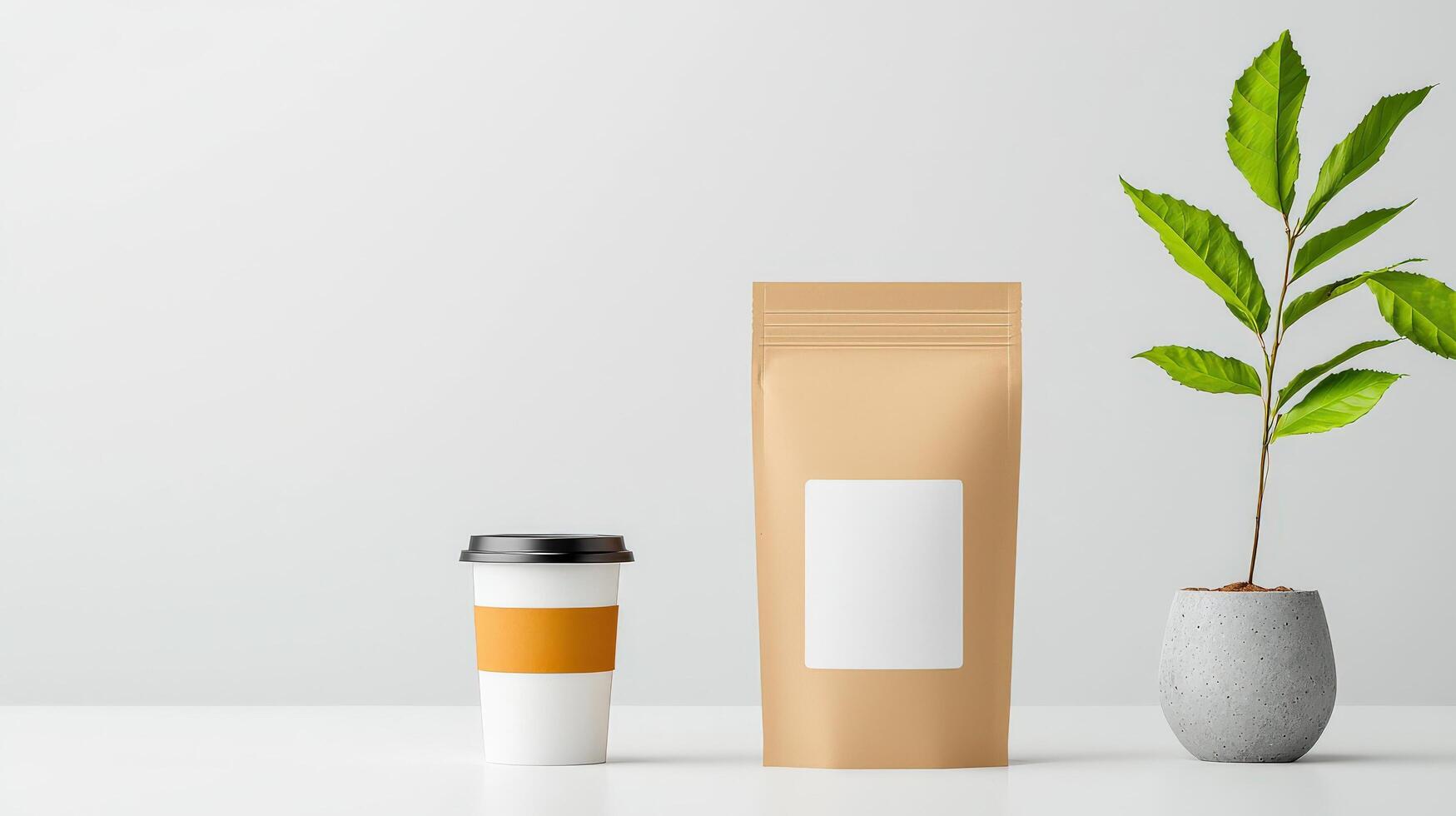 A coffee cup and a bag of coffee sit on a table next to a potted plant photo