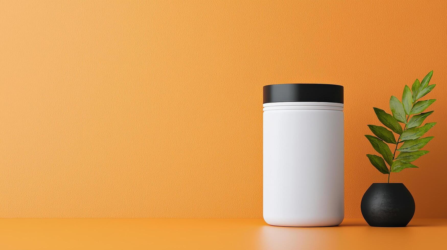 A white jar sits on a table next to a plant photo