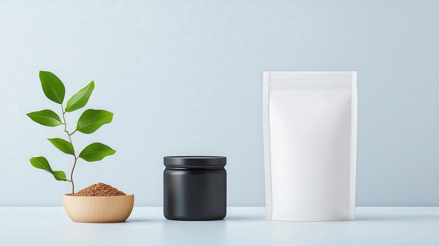 A jar of something is next to a white bag photo