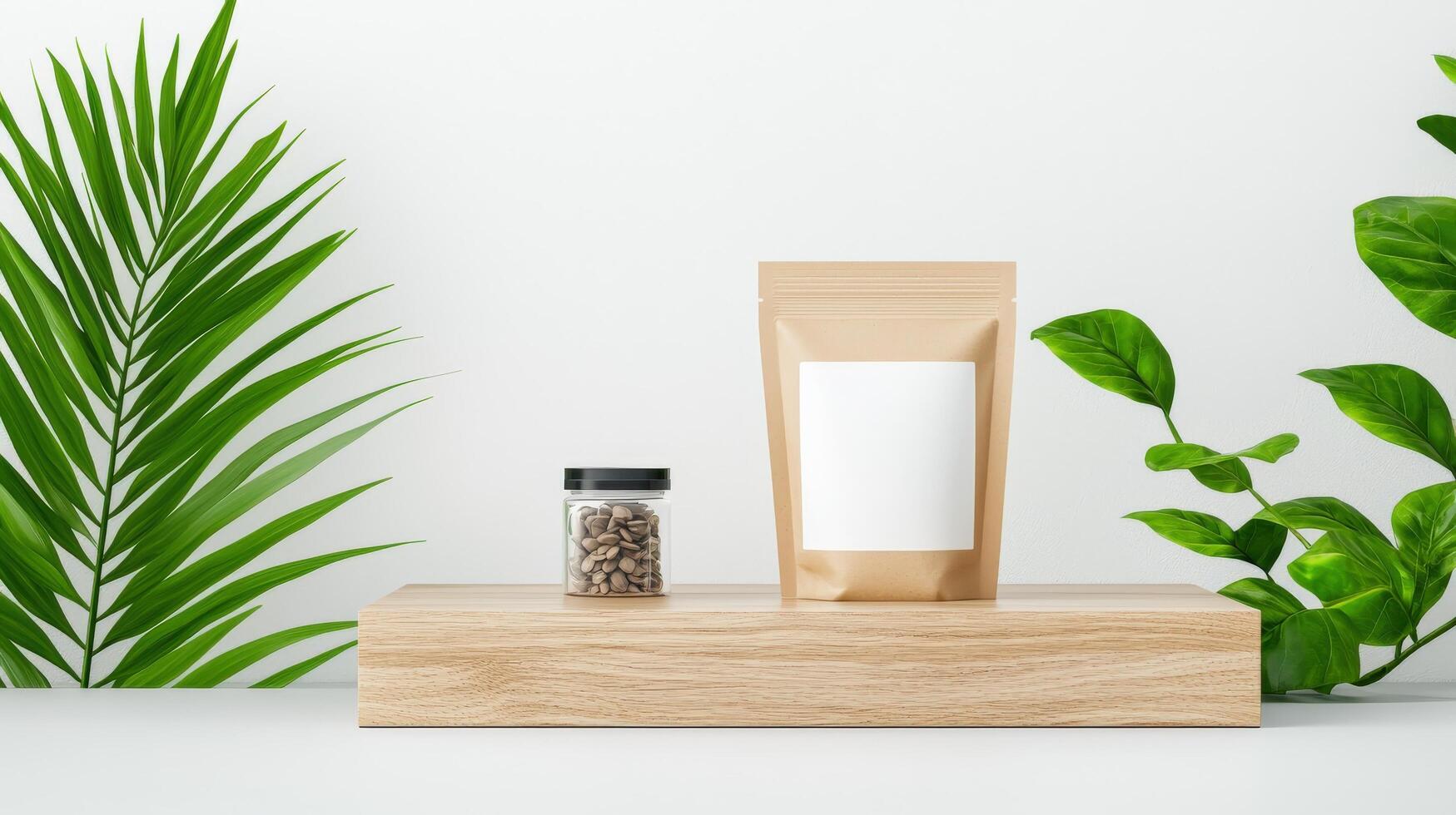 A jar of coffee beans sits on a wooden shelf next to a bag of coffee photo