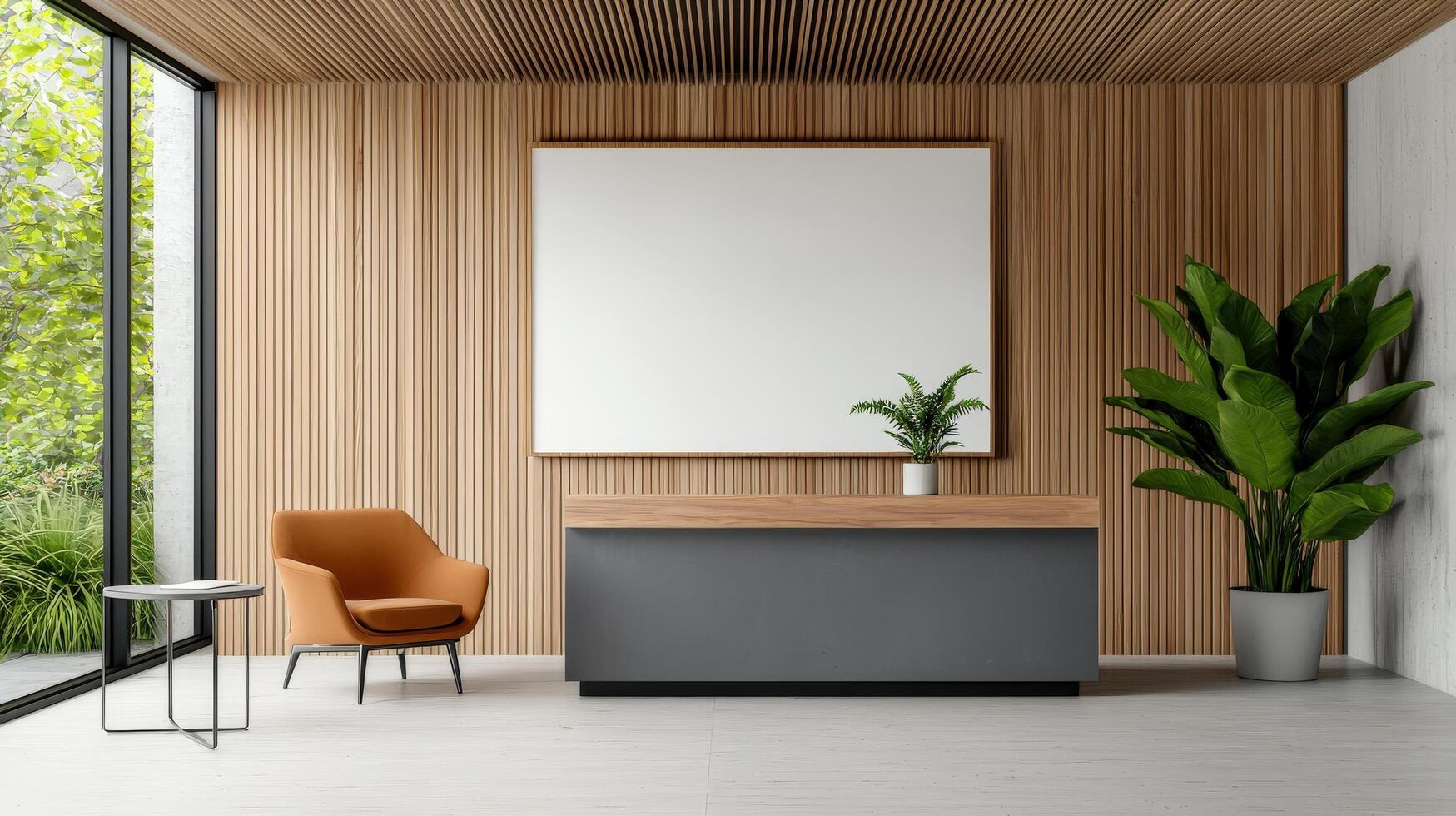 A modern office space with a large white wall and a wooden paneling photo